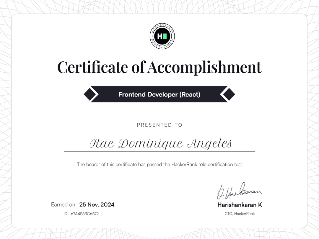 HackerRank | Frontend Developer (React) Certificate